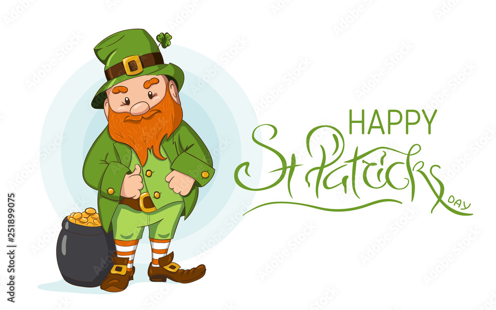 Happy Saint Patricks day illustration. Hand drawn Leprechaun cgaracter with green clover leaf. Vector illustration. Happy Saint Patricks day illustration. Hand drawn Leprechaun cgaracter with green clover leaf. Vector illustration.