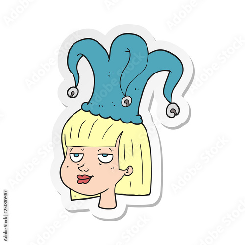 sticker of a cartoon woman wearing jester hat