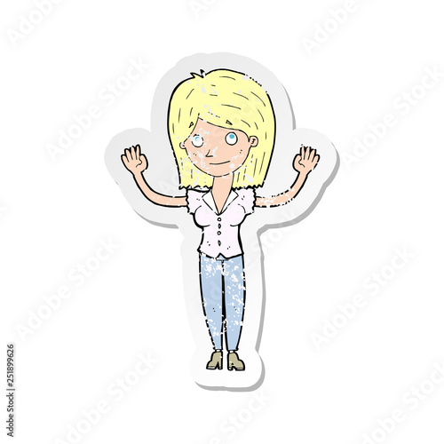 retro distressed sticker of a cartoon woman holding up hands