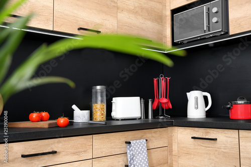 Kitchen interior with new furniture, appliances and houseware