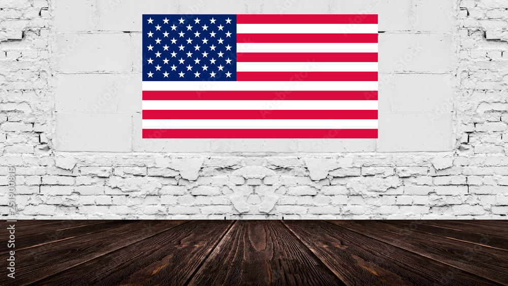 American flag on old brick wall. National Day USA. 