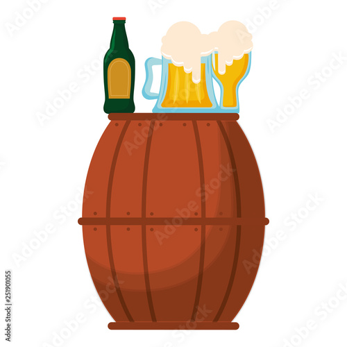 beer wooden barrel with bottles and jars