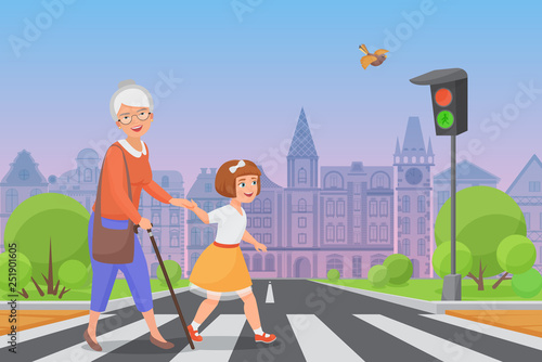 girl helps old lady to cross the road