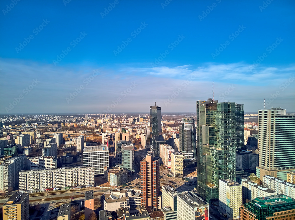 Beautiful panoramic aerial drone view to panorama cityscape of Warsaw modern City, 