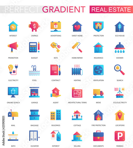 Vector set of trendy flat gradient Real estate icons.