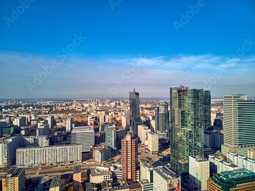 Beautiful panoramic aerial drone view to panorama cityscape of Warsaw modern City, "Rondo 1" office skyscraper located at Rondo ONZ and Q22 © udmurd