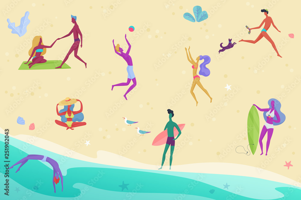 Tiny people and couples on vacation beach top view. Summer travel holidays and beach relaxing and active sport activities vector illustration.