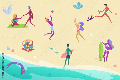 Tiny people and couples on vacation beach top view. Summer travel holidays and beach relaxing and active sport activities vector illustration.