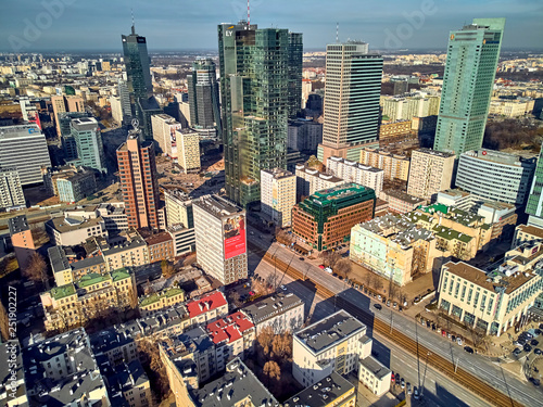 Beautiful panoramic aerial drone view to panorama cityscape of Warsaw modern City, "Rondo 1" office skyscraper located at Rondo ONZ and Q22