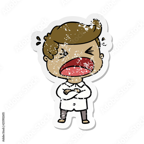 distressed sticker of a cartoon shouting man