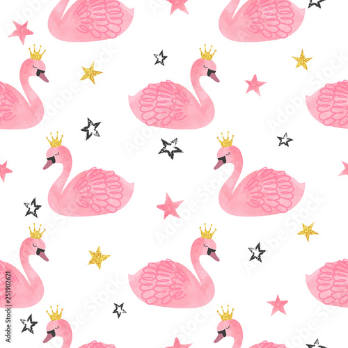 Seamless vector watercolor swan princess pattern.