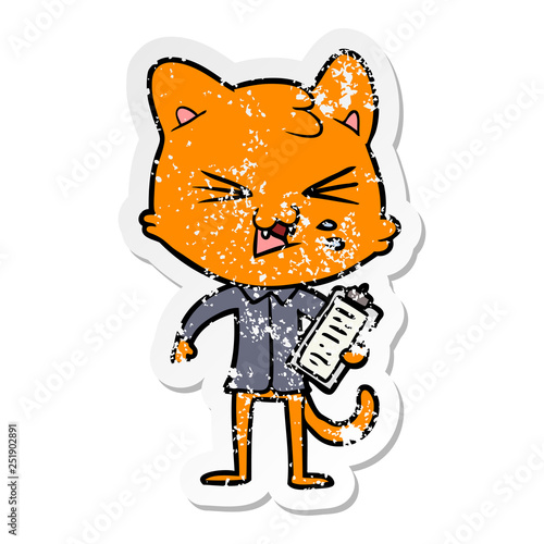 distressed sticker of a cartoon hissing cat