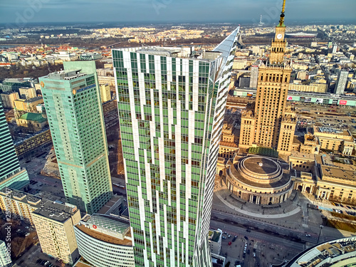 WARSAW, POLAND - FEBRUARY 23, 2019: Beautiful panoramic aerial drone view to the center of Warsaw City and 