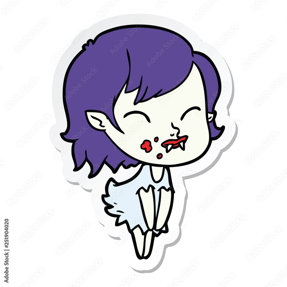 sticker of a cartoon vampire girl with blood on cheek sticker of a cartoon vampire girl with blood on cheek