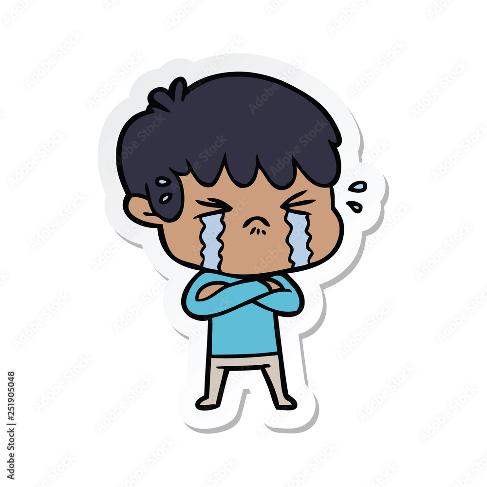 sticker of a cartoon boy crying