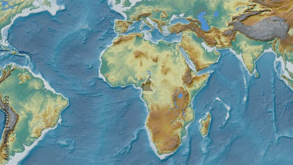 Cameroon area presented against the global relief map in the Patterson Cylindrical projection with animated oblique transformation Cameroon area presented against the global relief map in the Patterson Cylindrical projection with animated oblique transformation
