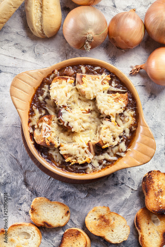 Delicious onion soup with croutons and cheese