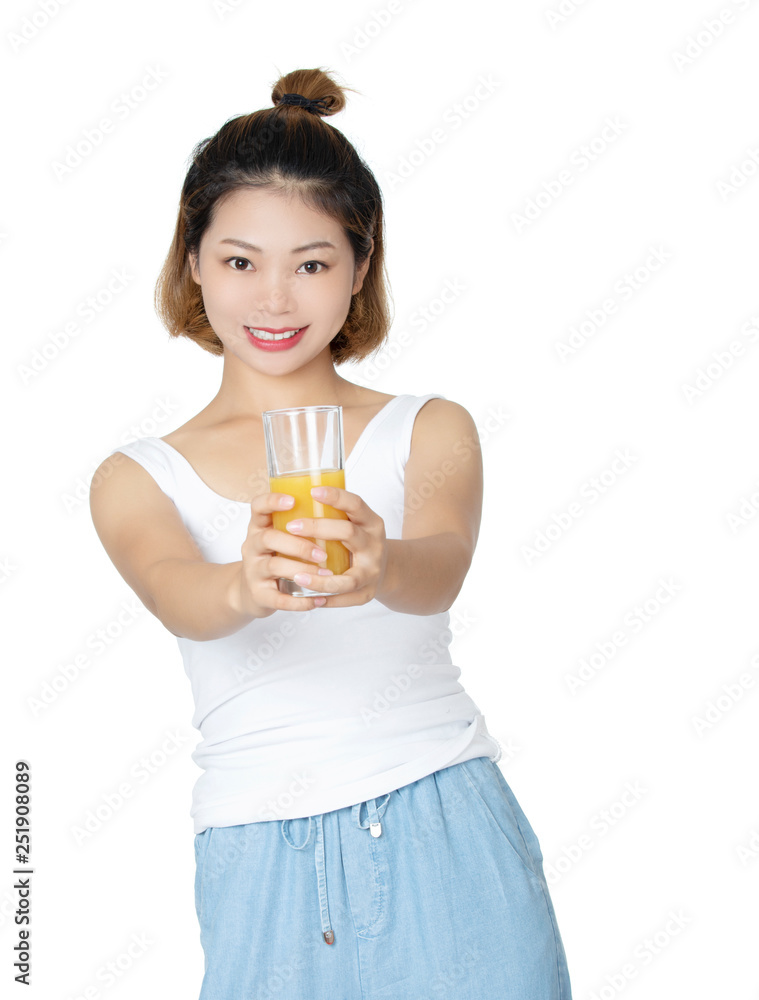 Chinese woman drinking orange juice isolated on white background Chinese woman drinking orange juice isolated on white background