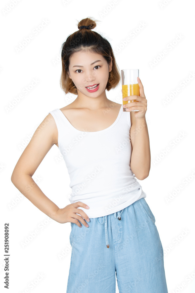 Chinese woman drinking orange juice isolated on white background Chinese woman drinking orange juice isolated on white background