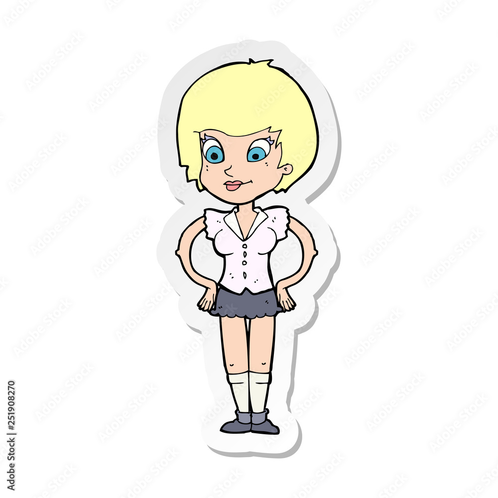 sticker of a cartoon pretty woman with hands on hips sticker of a cartoon pretty woman with hands on hips