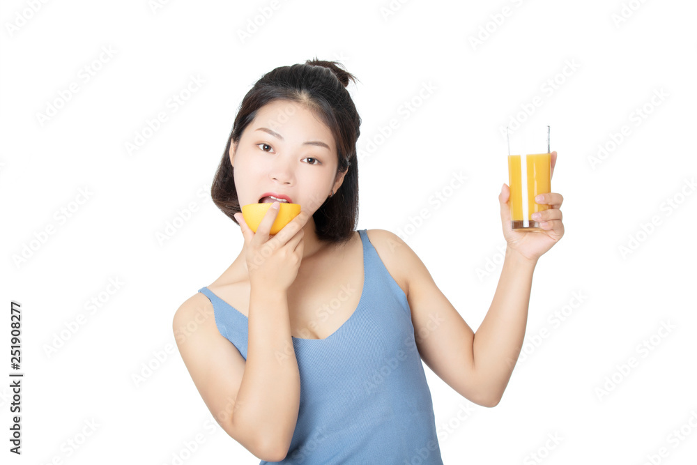 Chinese woman drinking orange juice isolated on white background Chinese woman drinking orange juice isolated on white background