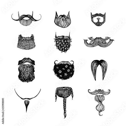 Set icons of mustache and funny beard of a man. Beard hipster viking, spanish, mexican, decorated with new year's toys and flowers. Objects hand drawn style for different design.