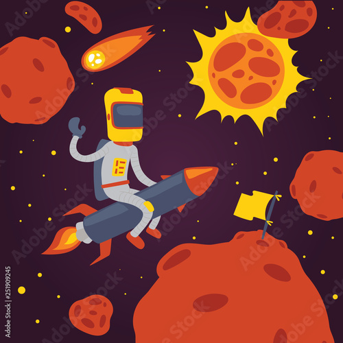 Astronaut vector cosmonaut cartoon spaceman character in helmet flying on rocket in space cosmos backdrop universe galaxy adventure man among planets on spaceship illustration background