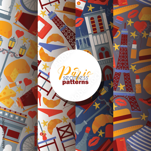 Paris vector seamless pattern french culture eiffel tower and triumphal illustration europe tourism city traveling in France backdrop set parisian cheese croissant background
