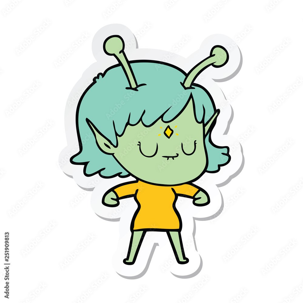 sticker of a cartoon alien girl