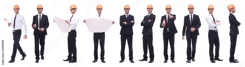 panoramic photo collage of confident architect isolated on white panoramic photo collage of confident architect isolated on white