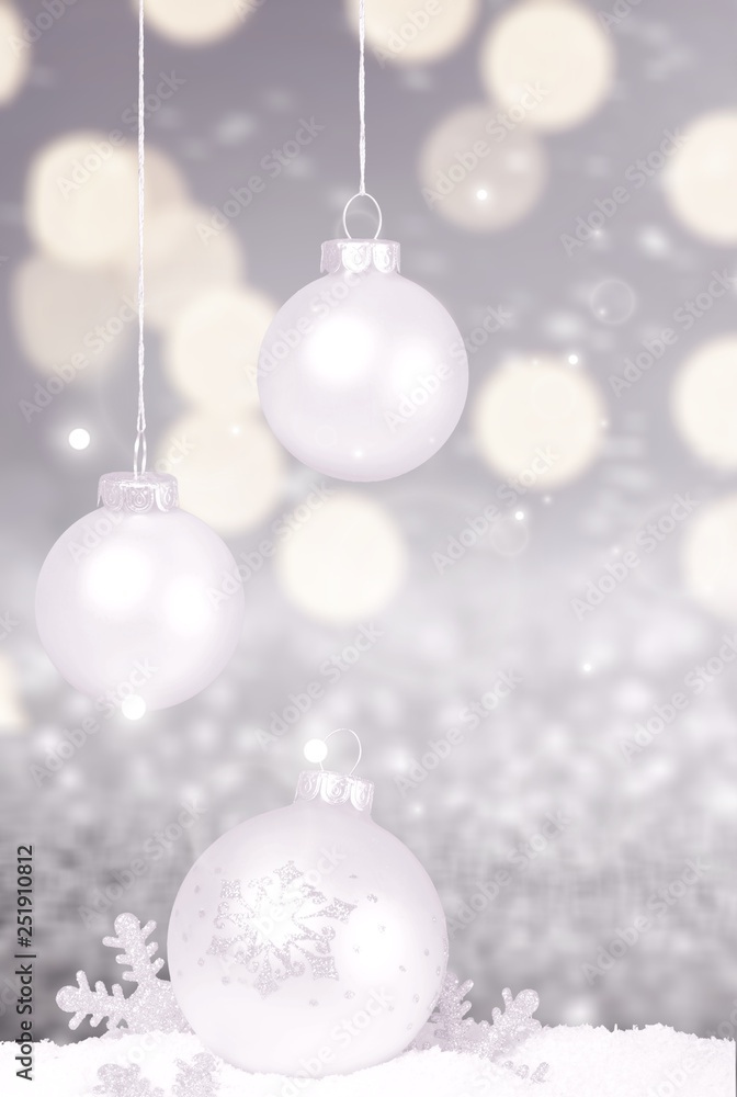 Silver shiny christmas balls in snow isolated on white background. Banner Silver shiny christmas balls in snow isolated on white background. Banner