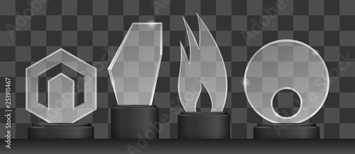 Realistic transparent glass trophy award. Championship prize vector illustration set.
