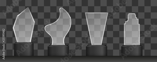 Realistic transparent glass trophy award. Championship prize vector illustration set.