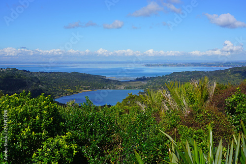 Landscape view of the bay of Auckland from Titirangi, a suburb in the Waitakere Ward of the city of Auckland, northern New Zealand