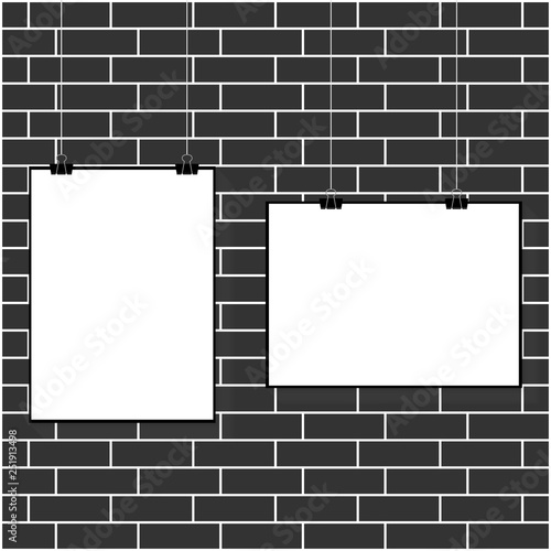 Vector illustration of a white poster hanging on a clerical clip on a white brick wall background