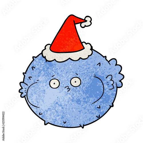 textured cartoon of a puffer fish wearing santa hat