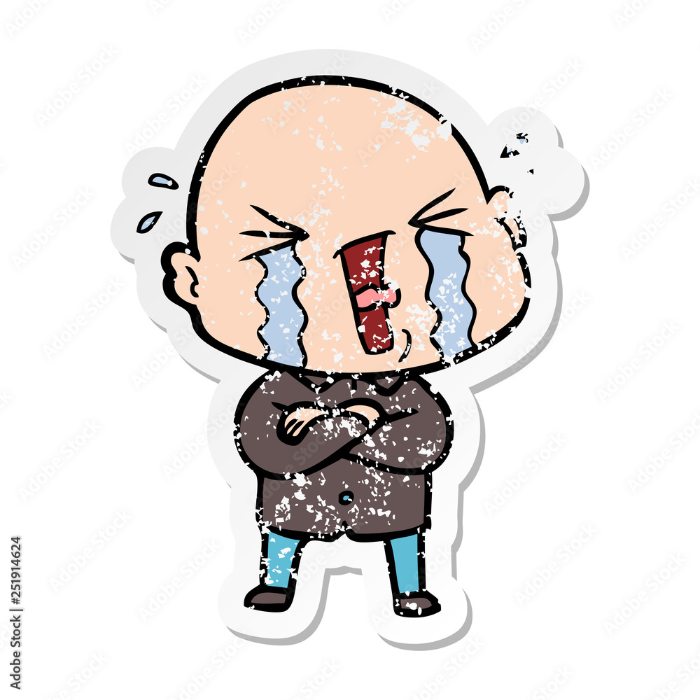 distressed sticker of a cartoon crying bald man distressed sticker of a cartoon crying bald man