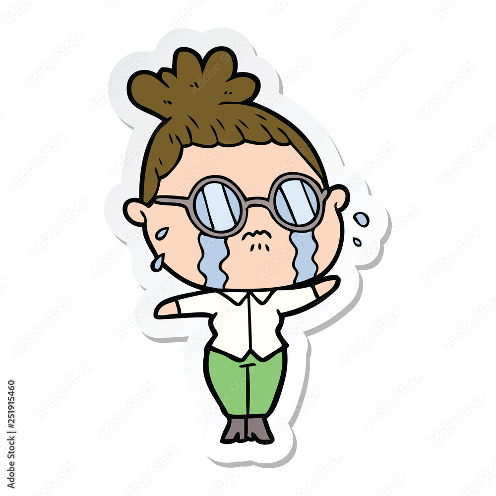 sticker of a cartoon crying woman wearing spectacles