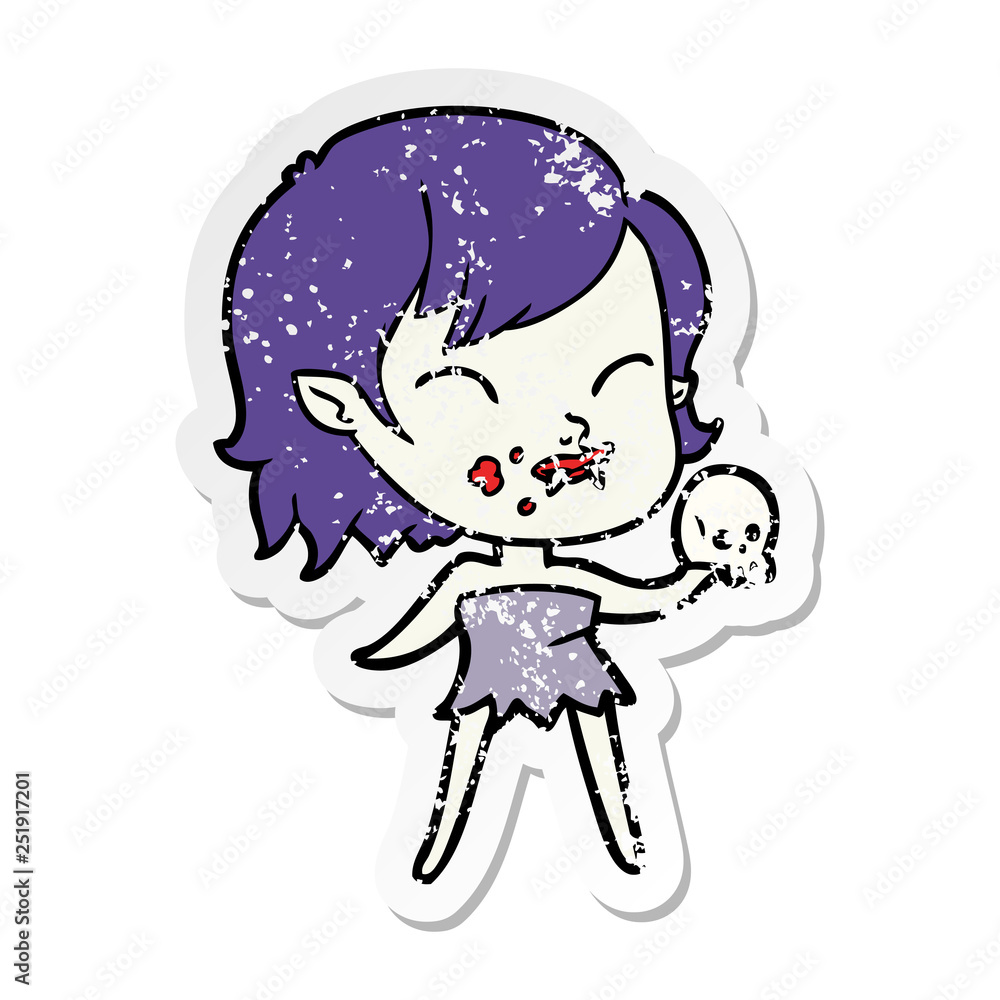 distressed sticker of a cartoon vampire girl with blood on cheek distressed sticker of a cartoon vampire girl with blood on cheek
