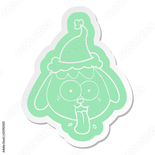 cartoon  sticker of a dog face panting wearing santa hat
