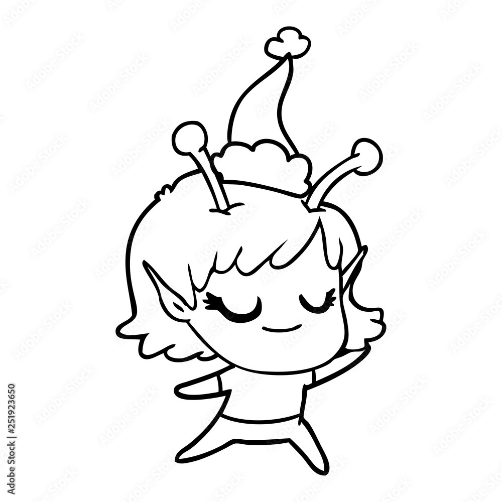 smiling alien girl line drawing of a wearing santa hat smiling alien girl line drawing of a wearing santa hat