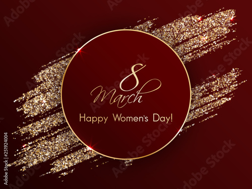 March 8 Happy Womens Day greeting card in gold red