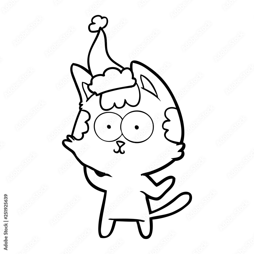 happy line drawing of a cat wearing santa hat happy line drawing of a cat wearing santa hat