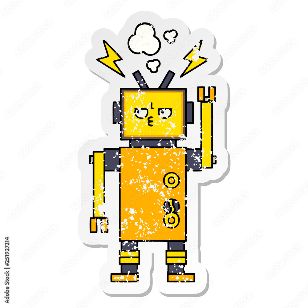 distressed sticker of a cute cartoon malfunctioning robot distressed sticker of a cute cartoon malfunctioning robot