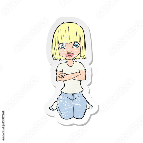 retro distressed sticker of a cartoon woman kneeling