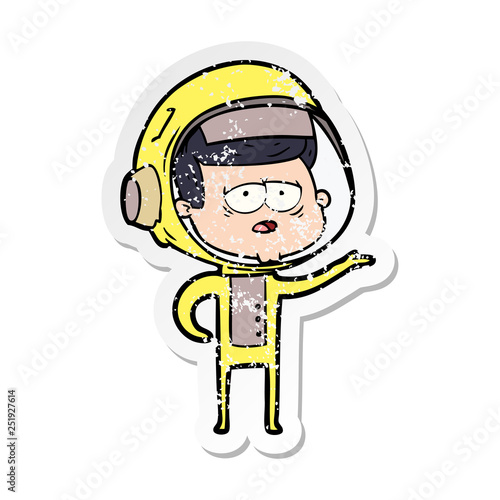 distressed sticker of a cartoon tired astronaut