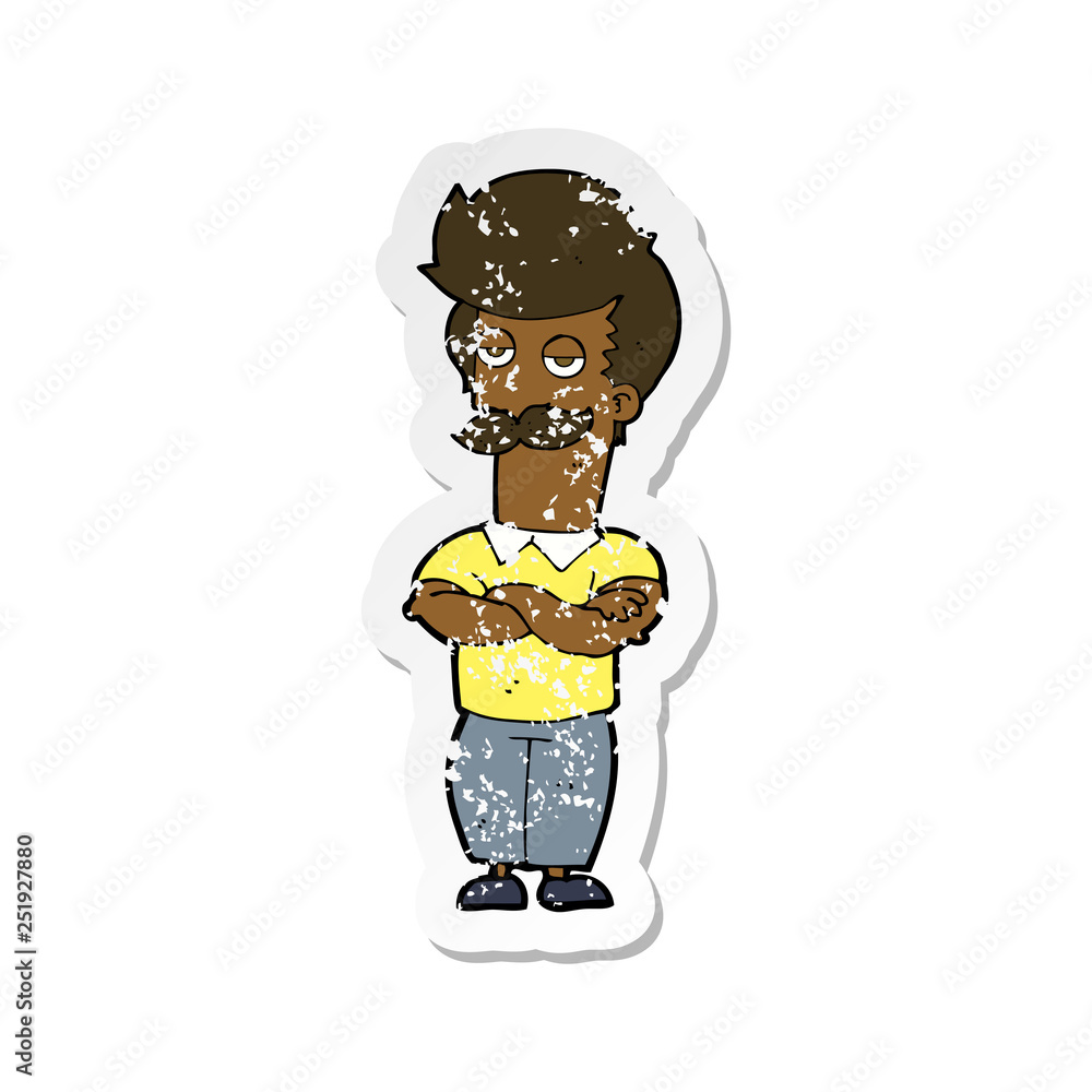 retro distressed sticker of a cartoon mustache muscle man retro distressed sticker of a cartoon mustache muscle man