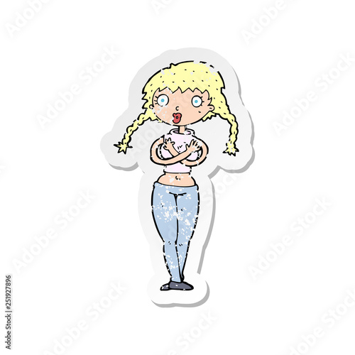 retro distressed sticker of a cartoon offended woman covering herself