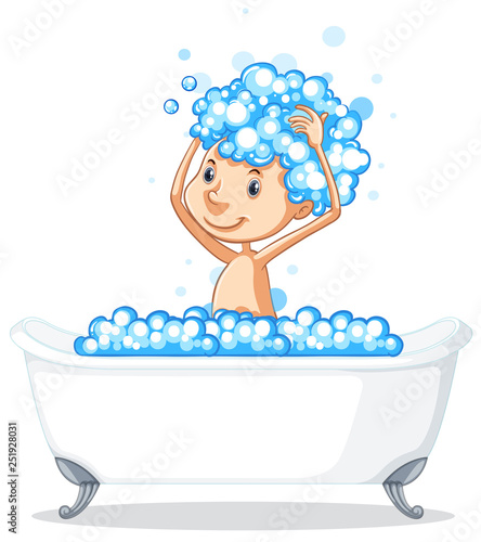 A boy take a bath