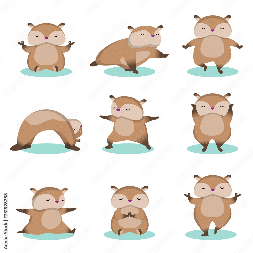 Fototapeta premium Set of little cute hamster doing relaxing exercise and meditating isolated on white background